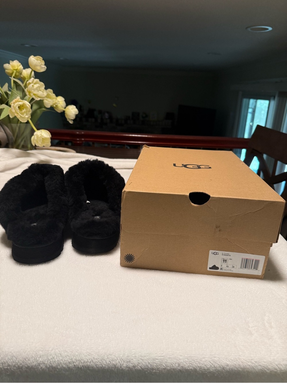 UGG Black Plush Slip-On Slippers